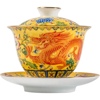 Buddha Gift Dragon Phoenix Flower Design Ceramic Gaiwan Sancai Teacup Kung Fu Tea Cup And Saucer With Lid