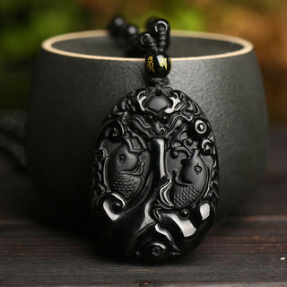 Buddha Gift Black Obsidian Koi Fish Bead Rope Fulfilment Strength Necklace Pendant
