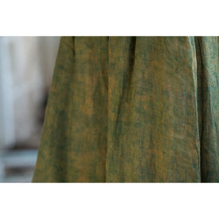 Buddha Gift Green Yellow Ramie Linen Flexible Waistband Wide Leg Pants With Pockets