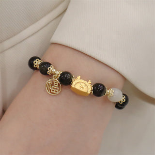 Buddha Gift Year Of The Dragon Red Agate Strawberry Quartz Black Obsidian Jade Garnet Pearl Cinnabar Dumpling Dragon Luck Fu Character Bracelet