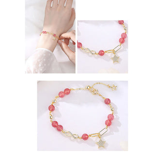 Buddha Gift 14K Gold Plated Natural Strawberry Quartz Moonstone Möbius Loop Eternal Love Star Positive Bracelet