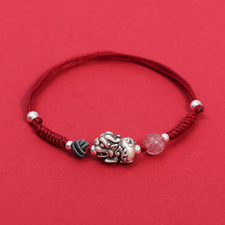 Buddha Gift 999 Sterling Silver PiXiu Strawberry Quartz Bead Wealth Luck Braided Bracelet