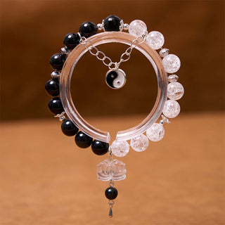 Buddha Gift Silver Sheen Obsidian Crackle Clear Quartz Black Rutilated Quartz Yin Yang Lotus Protection Bracelet