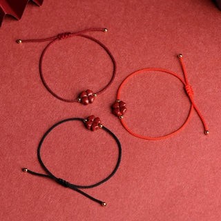 Buddha Gift Natural Cinnabar Four Leaf Clover Blessing Red String Bracelet Anklet