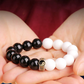 Buddha Gift 925 Sterling Silver Black Obsidian White Shell Yin Yang Strength Bracelet