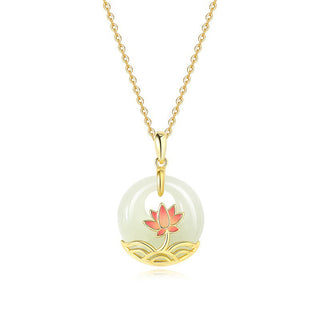 Buddha Gift 925 Sterling Silver Hetian White Jade Lotus Flower Blessing Necklace Pendant