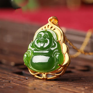 Buddha Gift 925 Sterling Silver Natural Hetian Cyan Jade Laughing Buddha 18K Gold Healing Necklace Chain Pendant