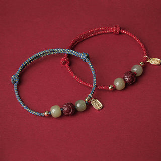Buddha Gift 14K Gold Plated Hetian Jade Cinnabar Lotus Luck Handcrafted Rope Bracelet