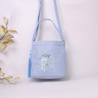 Buddha Gift Embroidery Wisteria Plum Lotus Cherry Blossom Cotton Linen Canvas Tote Crossbody Bag Shoulder Bag Handbag