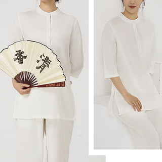 Buddha Gift 2Pcs Solid Color Three Quarter Shirt Top Pants Meditation Zen Tai Chi Cotton Linen Clothing Women's Set