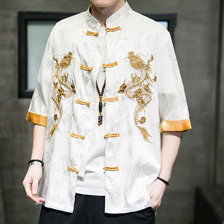 Buddha Gift Frog-Button Chinese Dragon Embroidery Half Sleeve Shirt Linen Men Clothing