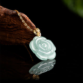 Buddha Gift 18K Gold 925 Sterling Silver Natural Jade Rose Luck Necklace Pendant