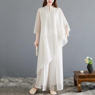 Buddha Gift 2Pcs Three Quarter Sleeve Irregular Design Shirt Wide Leg Pants Meditation Chiffon Women's Set