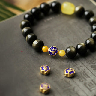 Buddha Gift 925 Sterling Silver Chinese Zodiac Natal Buddha Natural Gold Sheen Obsidian Amber Wealth Protection Bracelet