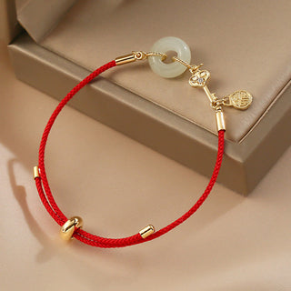 Buddha Gift 18K Gold Plated Hetian Jade Peace Buckle Fu Character Luck Red Rope Bracelet