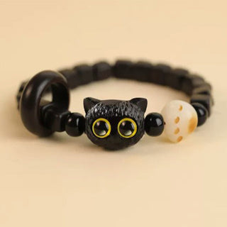 Buddha Gift Cute Ebony Wood Cat Head Pattern Peace Bracelet