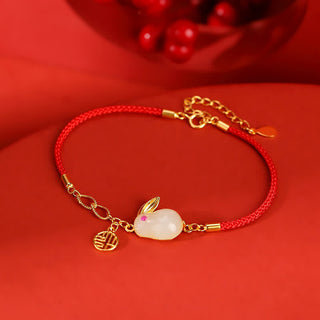 Buddha Gift 925 Sterling Silver Year of the Rabbit Hetian White Jade Luck Blessing Red String Bracelet