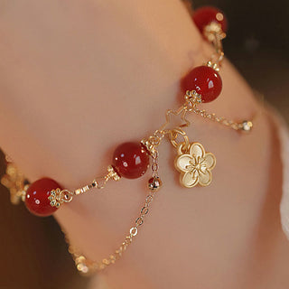 Buddha Gift 14k Gold Plated Red Agate Star Flower Charm Calm Bracelet
