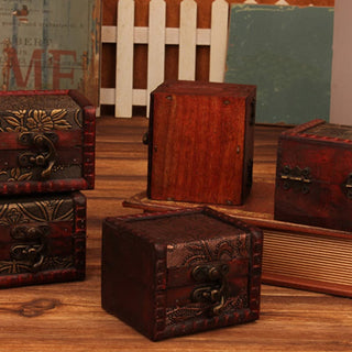 Buddha Gift Retro Small Square Wood Jewelry Box Lotus Grass Flower Grape Copper Coin Daffodil Jewelry Storage Box