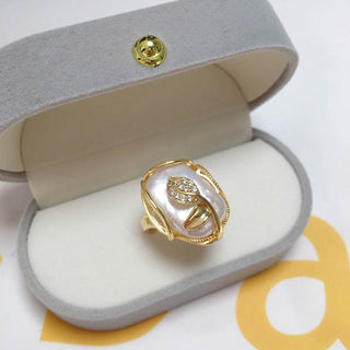 Buddha Gift Pearl Copper Plated Gold Flower Happiness Wealth Ring