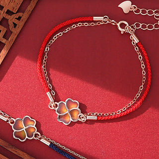 Buddha Gift 925 Sterling Silver Color-changing Four Leaf Clover Luck Protection Red String Bracelet