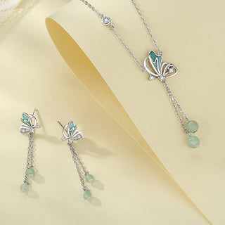 Buddha Gift 925 Sterling Silver Natural Green Aventurine Butterfly Luck Necklace Pendant Earrings Set