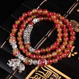 Buddha Gift Natural Watermelon Tourmaline PiXiu Elephant Positive Triple Wrap Bracelet