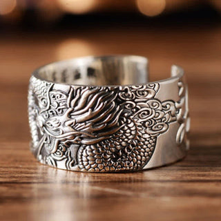 Buddha Gift 999 Sterling Silver Dragon Carved Pattern Protection Success Ring