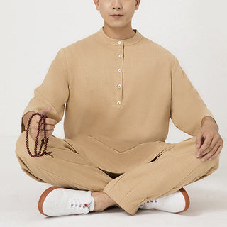 Buddha Gift 2Pcs Buttons Men's Three Quarter Sleeve Shirt Top Pants Meditation Zen Tai Chi Cotton Linen Clothing Set
