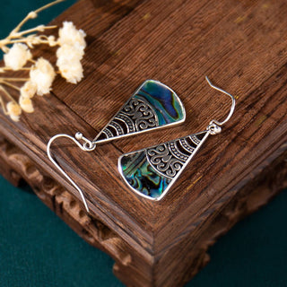 Buddha Gift Copper Tridacna Stone Hollow Pattern Blessing Drop Earrings