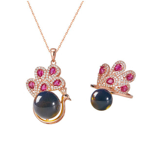 Buddha Gift Peacock Amber Fortune Love Necklace Pendant Ring