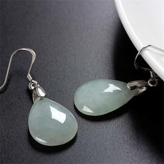 Buddha Gift 925 Sterling Silver Jade Water Drop Luck Dangle Earrings