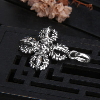 Buddha Gift 925 Sterling Silver Double Dorje Vajra Spiritual Strength Necklace Pendant