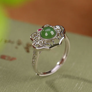 Buddha Gift 925 Sterling Silver Natural Hetian Cyan Jade Hollow Design Luck Ring Earrings Set