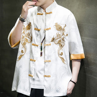 Buddha Gift Frog-Button Chinese Dragon Embroidery Half Sleeve Shirt Linen Men Clothing