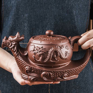 Buddha Gift Vintage Dragon Auspicious Clouds Purple Clay Ceramic Teapot
