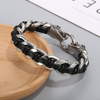 Buddha Gift Dragon Leather Titanium Steel Protection Luck Braided Bracelet