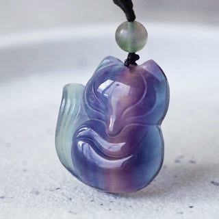 Buddha Gift Natural Fluorite Gold Sheen Obsidian Fox Pendant Protection Necklace