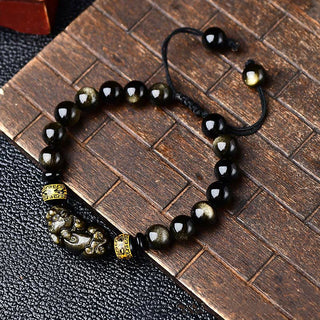 Buddha Gift Natural Gold Sheen Obsidian PiXiu Om Mani Padme Hum Wealth Braided Bracelet