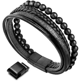 Buddha Gift Natural Lava Rock Black Onyx Bead Leather Bracelet