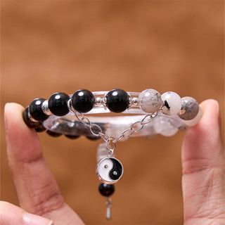 Buddha Gift Silver Sheen Obsidian Crackle Clear Quartz Black Rutilated Quartz Yin Yang Lotus Protection Bracelet