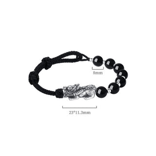 Buddha Gift 999 Sterling Silver FengShui PiXiu Natural Black Obsidian 925 Sterling Silver Bead Strength Bracelet