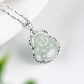 Buddha Gift 925 Sterling Silver Laughing Buddha Jade Luck Calm Necklace Chain Pendant
