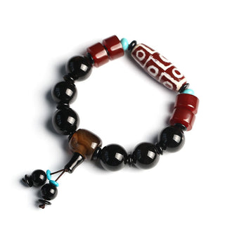 Buddha Gift Tibetan Nine-Eye Dzi Bead Black Onyx Wealth Protection Bracelet