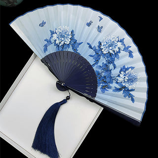 Buddha Gift Vintage Bamboo Peony Butterfly Lotus Handheld Silk Folding Fan With Bamboo Frames