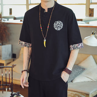 Buddha Gift Frog-Button Dragon Embroidery Chinese Tang Suit Short Sleeve Shirt Linen Men Clothing