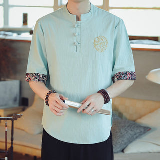 Buddha Gift Frog-Button Dragon Embroidery Chinese Tang Suit Short Sleeve Shirt Linen Men Clothing