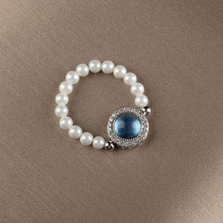 Buddha Gift 925 Sterling Silver Pearl Blue Chalcedony Healing Chain Bracelet Ring