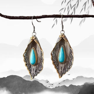 Buddha Gift 925 Sterling Silver Turquoise Bodhi Leaf Pattern Protection Drop Dangle Earrings