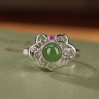 Buddha Gift 925 Sterling Silver Natural Hetian Cyan Jade Hollow Design Luck Ring Earrings Set